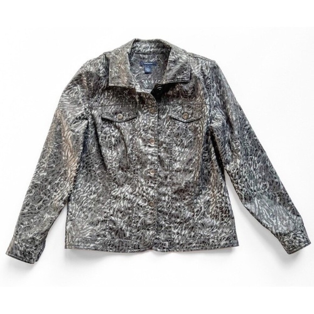 Westbound Women's Gray Zebra Print Stretch Button Up Denim Jean Jacket Small